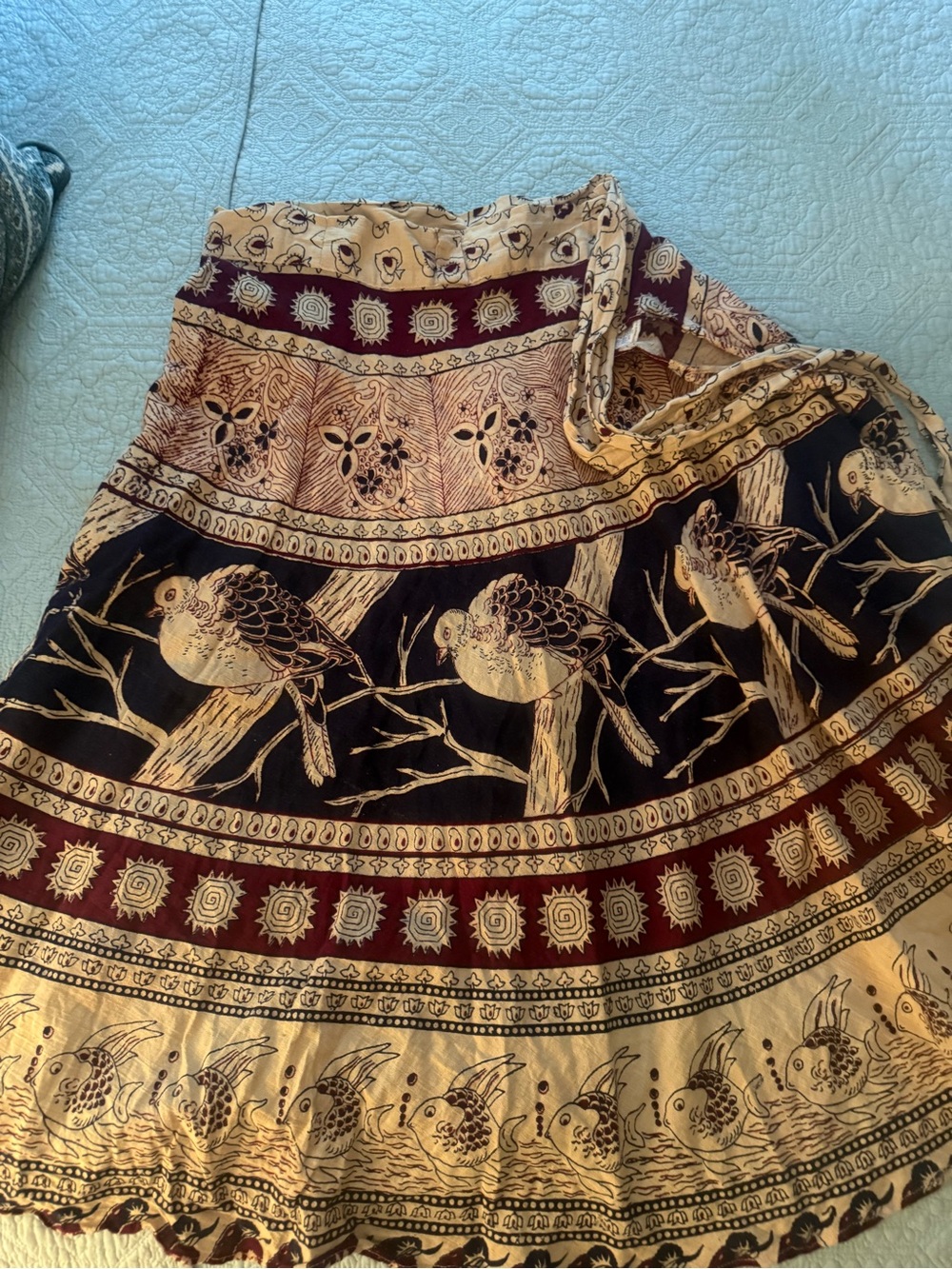 Bohemian Bird Print Wrap Skirt - Beige & Burgundy
